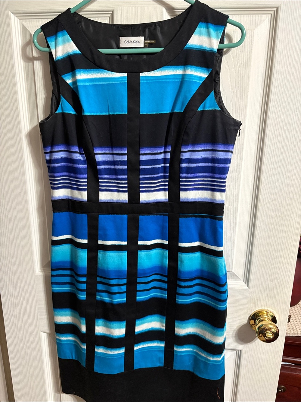 Calvin Klein Striped Blue, Black & White Midi Sheath Dress